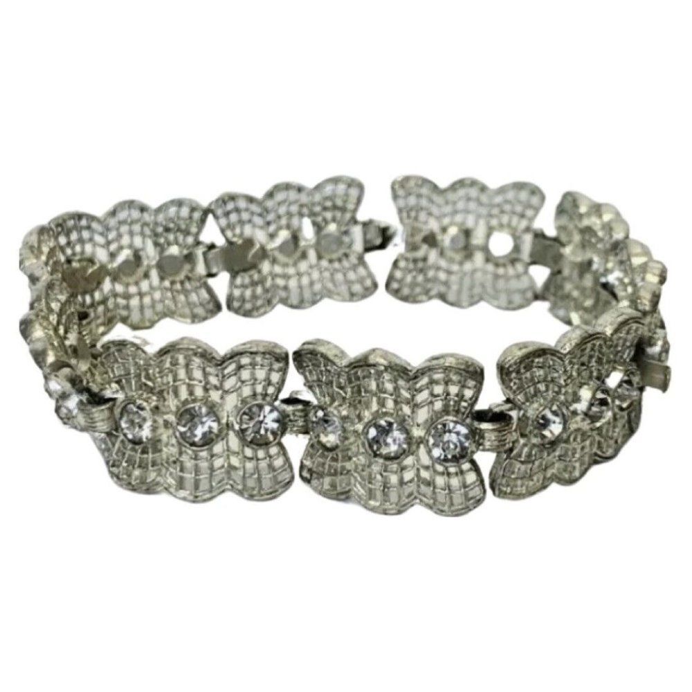 Vintage Shimmer Crystal Silver Tone Lace Webbed Metal Chain Link Bracelet 7.5”